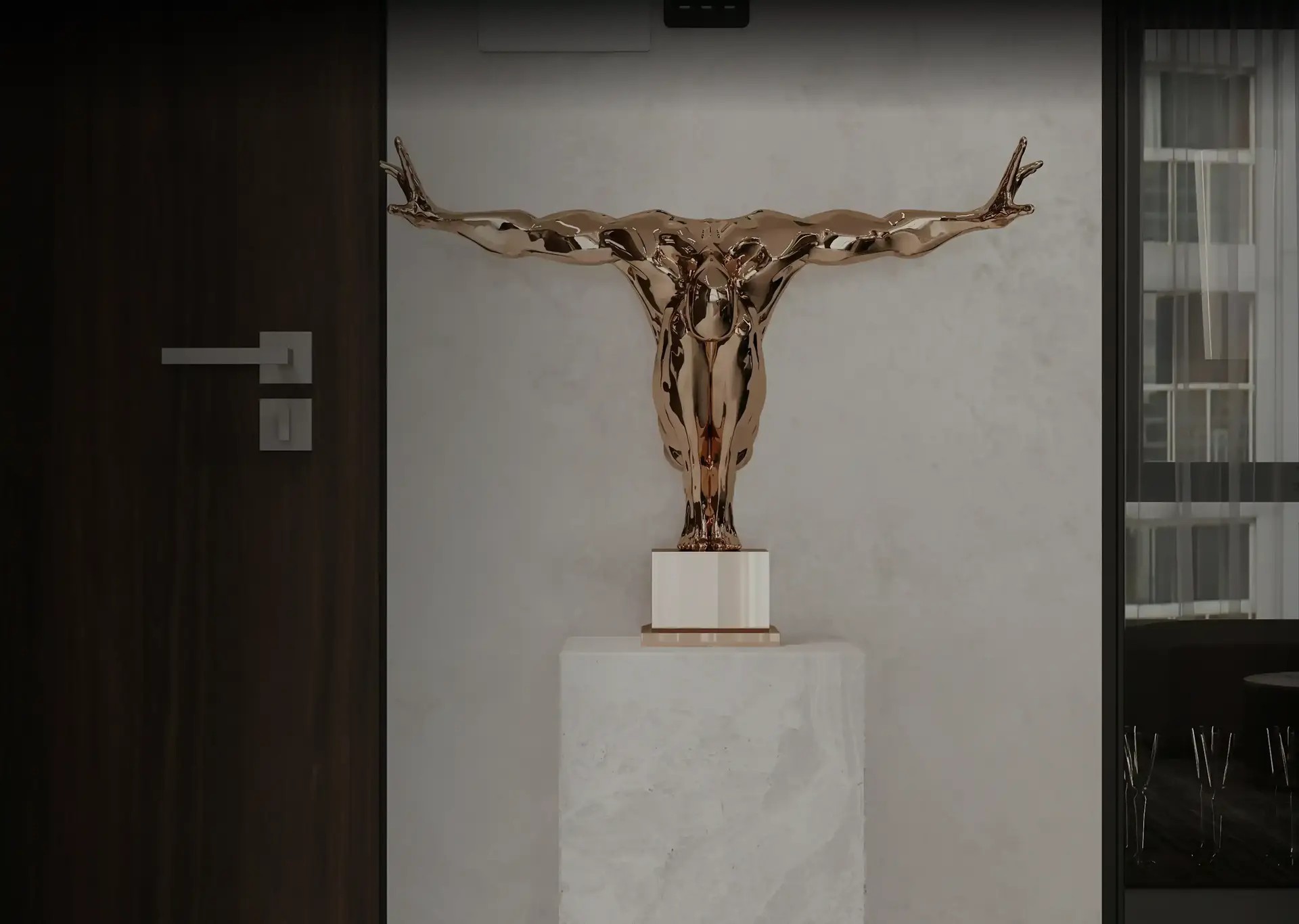Bronze sculptural bull on marble pedestal in modern gallery space